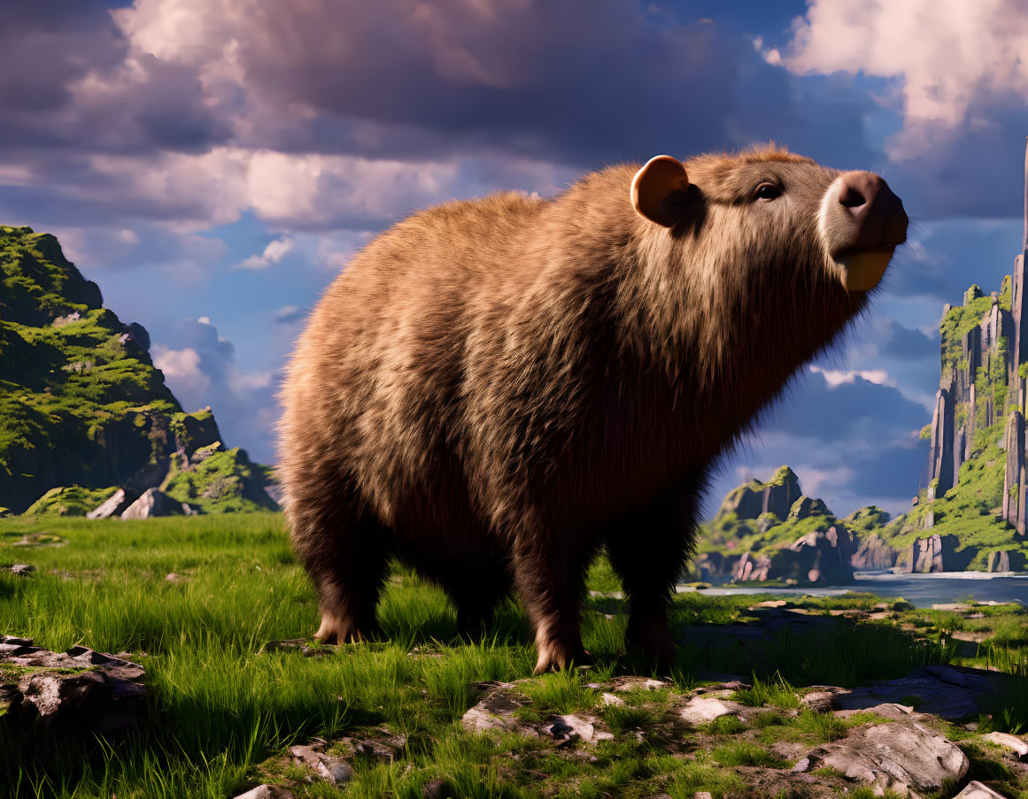 Large capybara on grass with cliffs and blue sky.