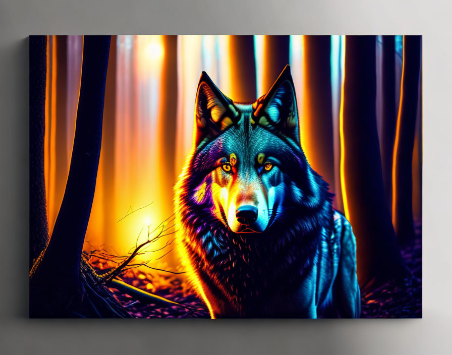 Vibrant Wolf in Mystical Forest Canvas Wall Art