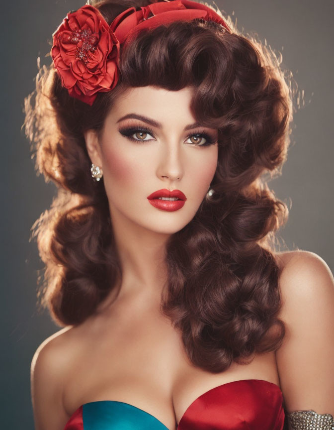 Vintage makeup and curly hair woman in red and blue outfit with flower hair accessory.