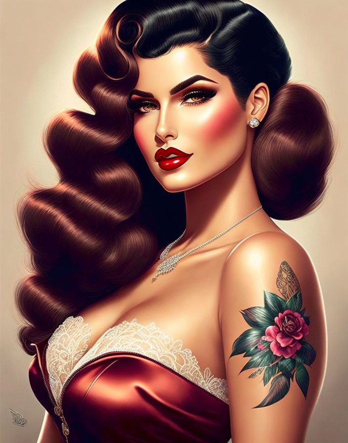 Woman with Voluminous Wavy Hair, Red Dress, and Rose Tattoo