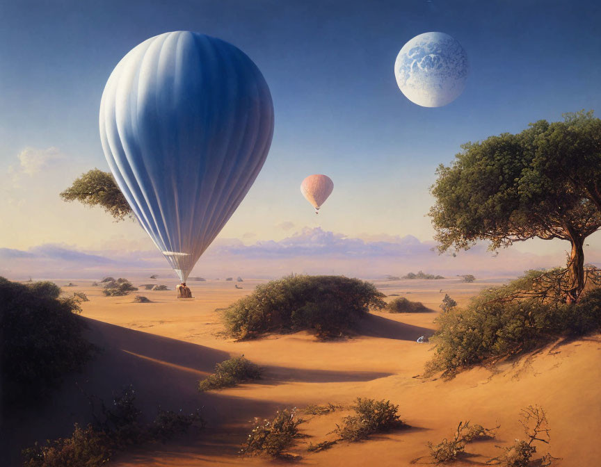 Hot air balloons over desert landscape with tree and moon