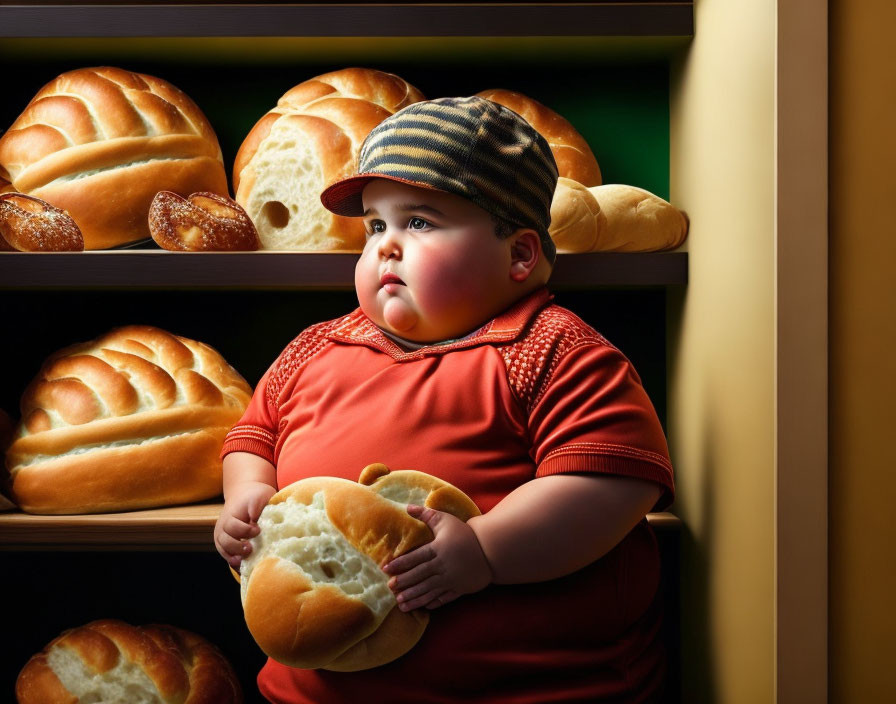 Chubby child in cap hugging loaf of bread by bread shelf