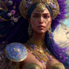 Regal woman adorned in golden jewelry and ornate headdress in ethereal setting.