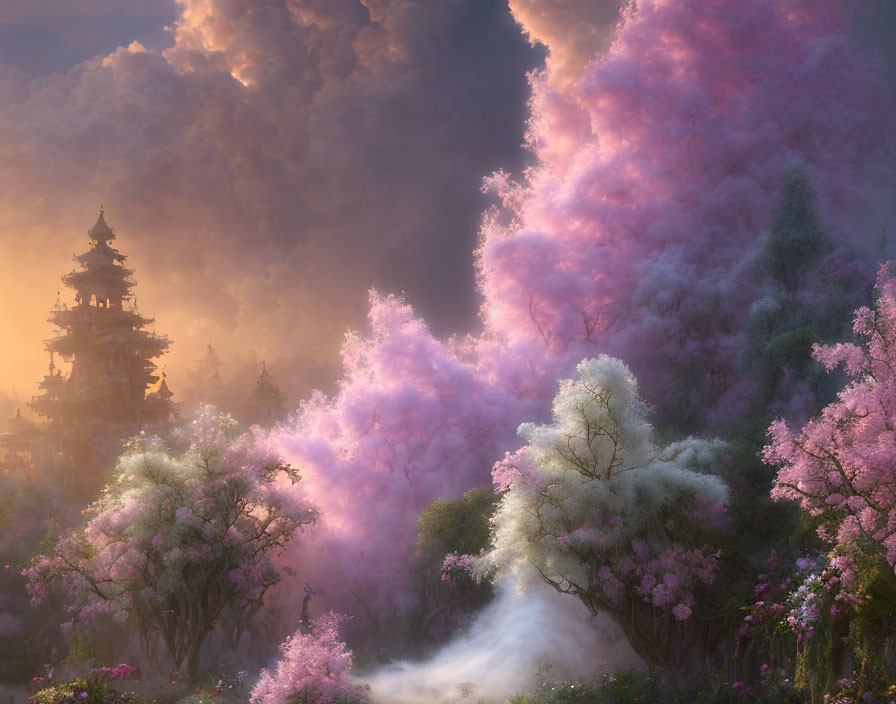 Ethereal landscape with traditional tower and blooming trees in pink and white hues