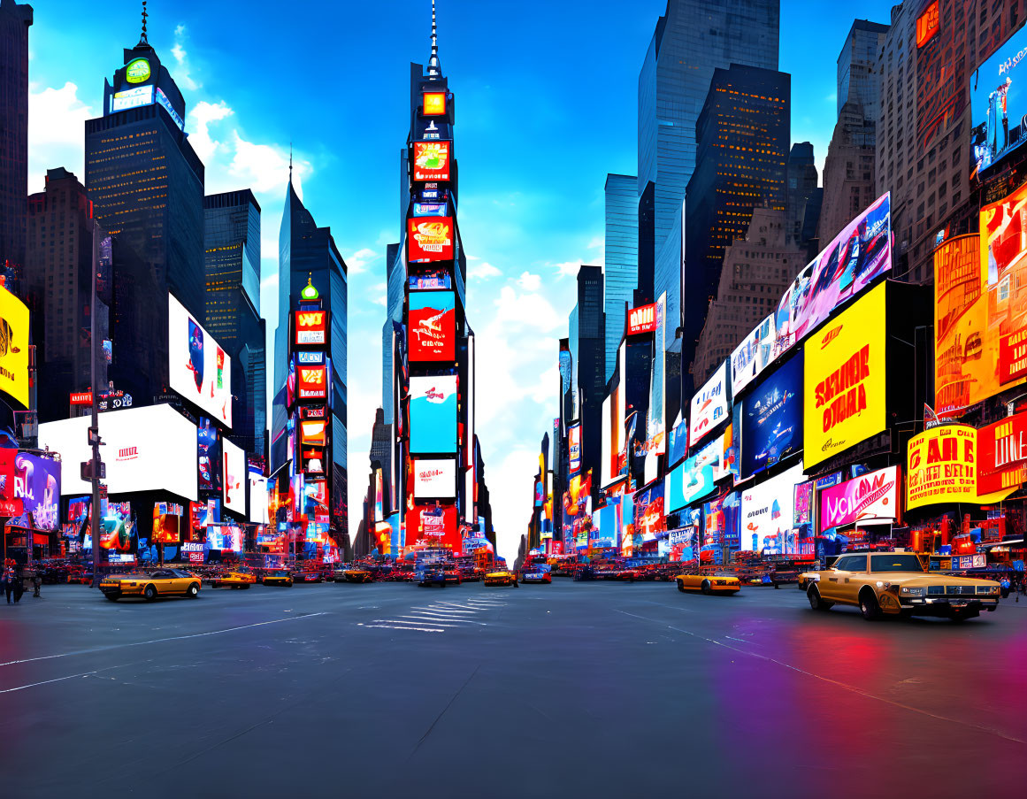 Vibrant Times Square Scene with Billboards and Taxis