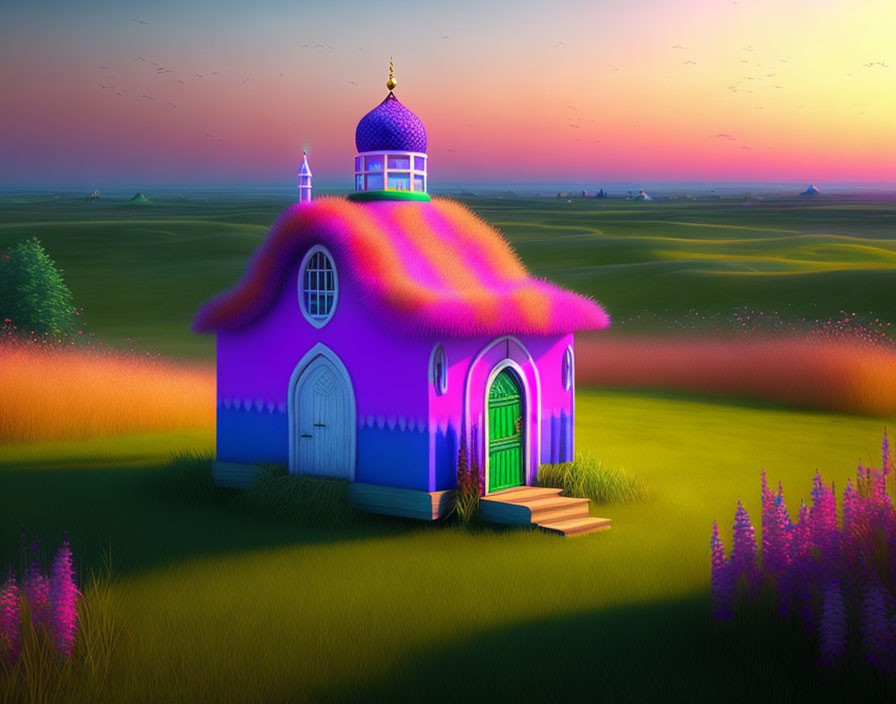 Fantasy church with purple and pink exterior in serene field at sunset