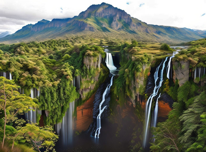 Majestic waterfall in lush landscape with mountain