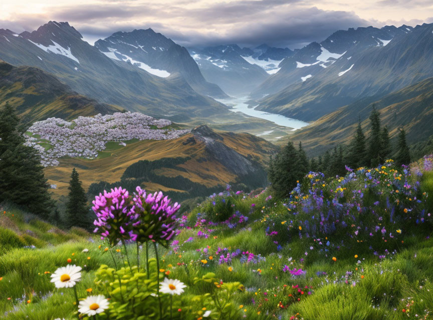 Scenic valley with meandering river, majestic mountains, and vibrant wildflowers