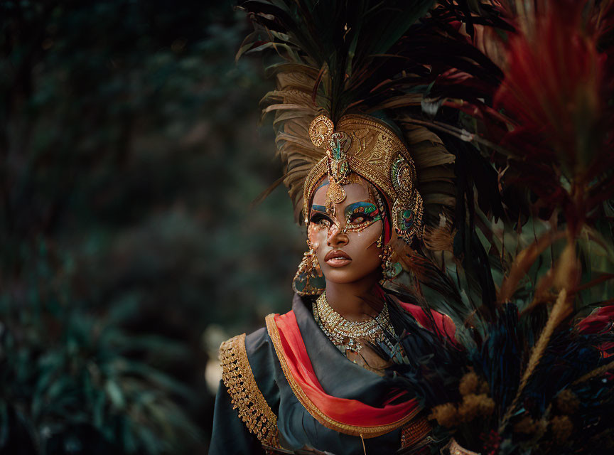 Woman in tribal makeup and regalia surrounded by lush foliage