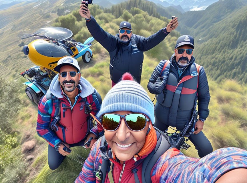 Smiling group takes selfie on mountain with motorcycles and helicopter