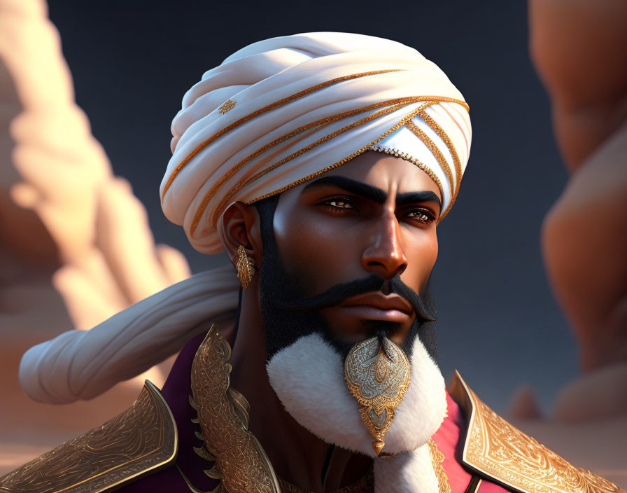 Stylized male figure in white turban and regal attire on dusky backdrop