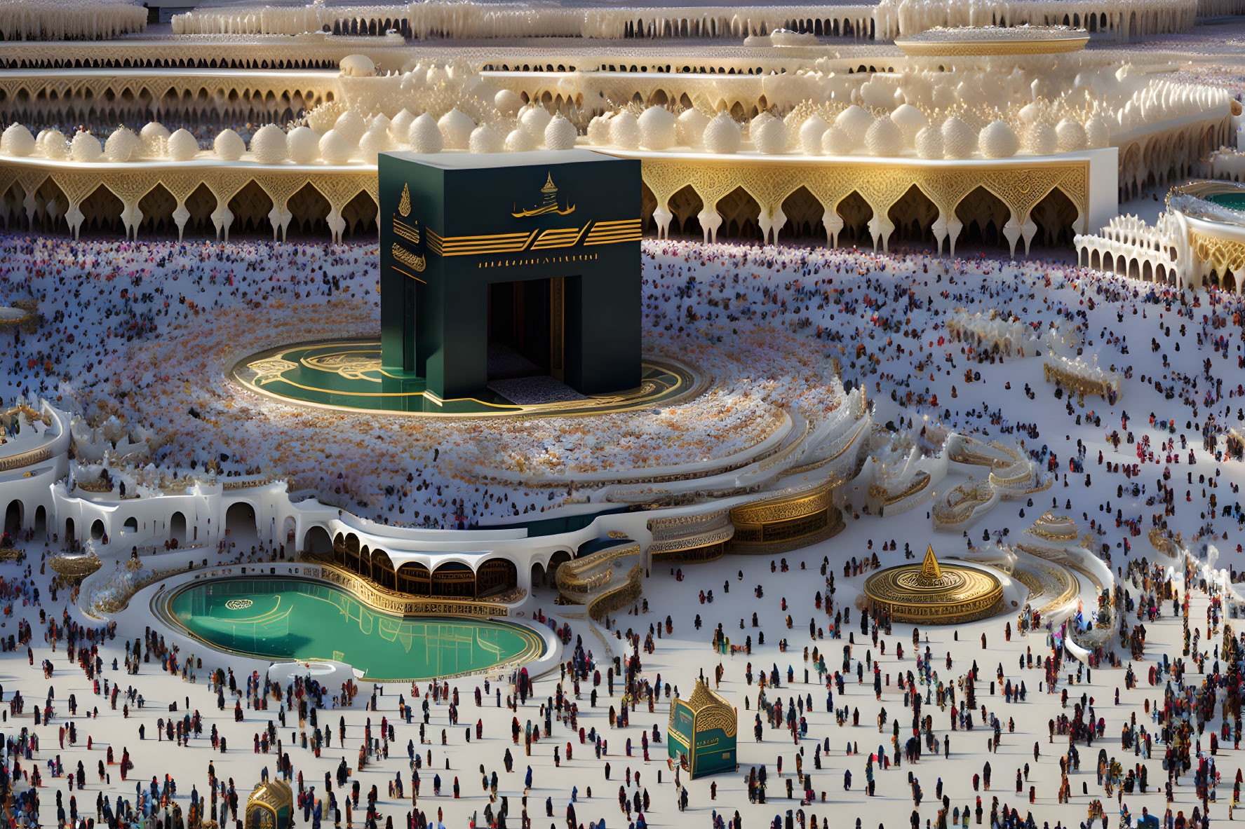 Aerial View of Kaaba at Mecca's Grand Mosque with Crowds and Architectural Details