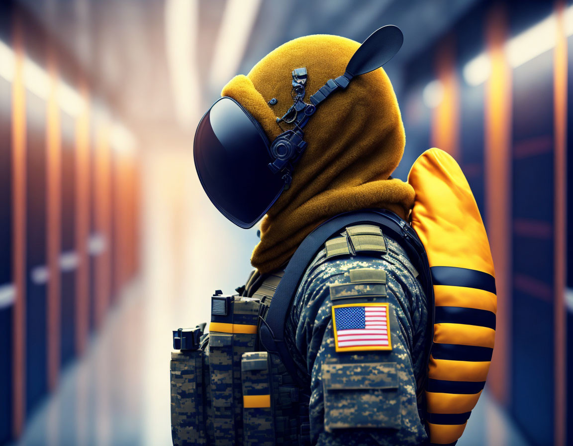 Tactical gear with American flag patch, yellow bee-themed backpack, and helmet