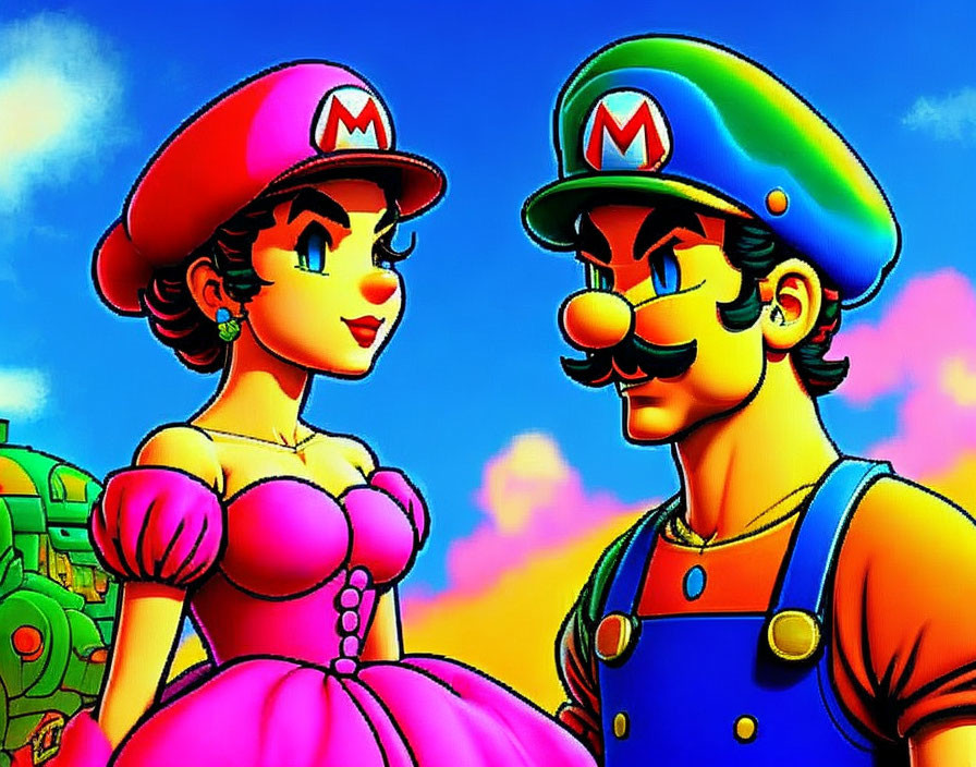 Video game characters in matching costumes under blue sky