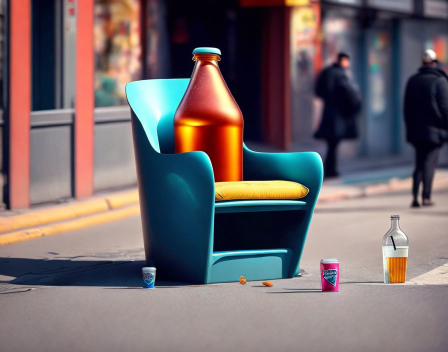 Surreal oversized orange soda bottle on blue armchair in city setting.