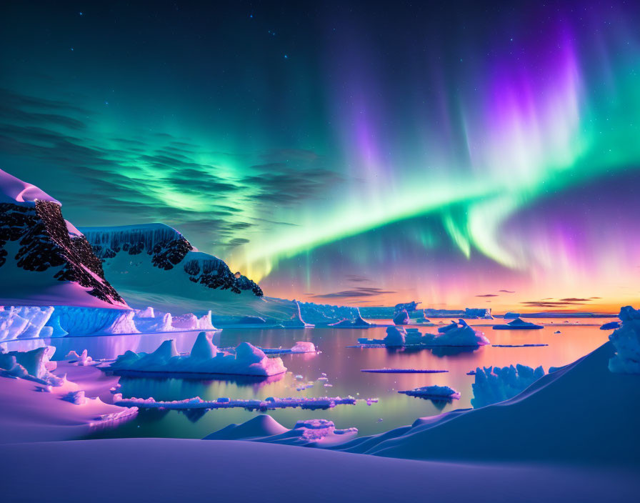 Aurora Borealis lights up snowy polar landscape at twilight