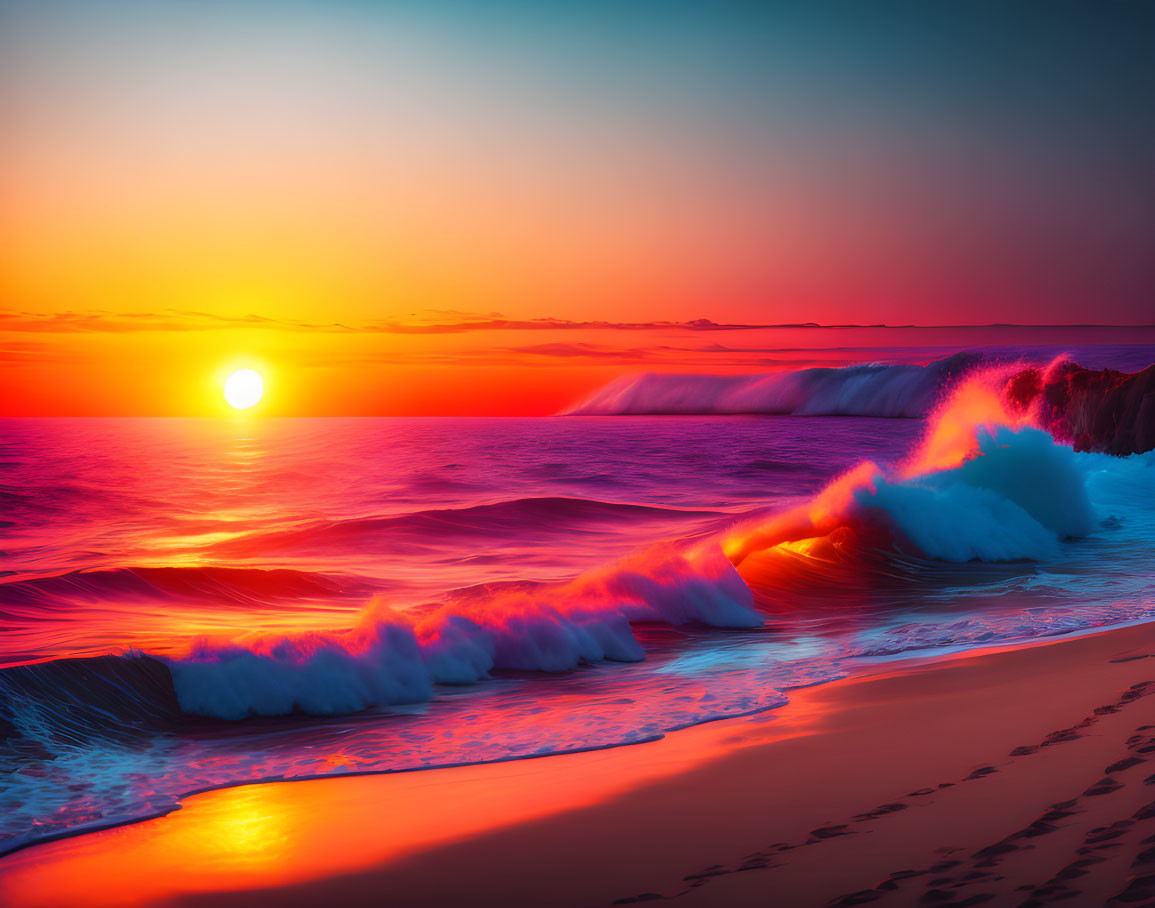 Vibrant ocean sunset with orange and blue hues, crashing waves, serene beach