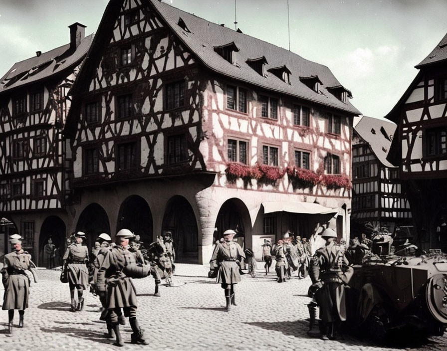 Historical soldiers march in traditional European town square