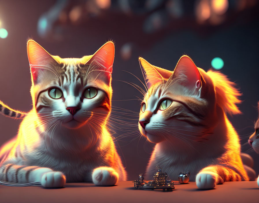 Two animated cats captivated by tiny drone in dimly lit scene