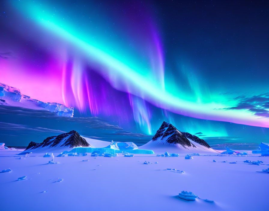 Colorful Aurora Borealis above snowy twin peaks at twilight