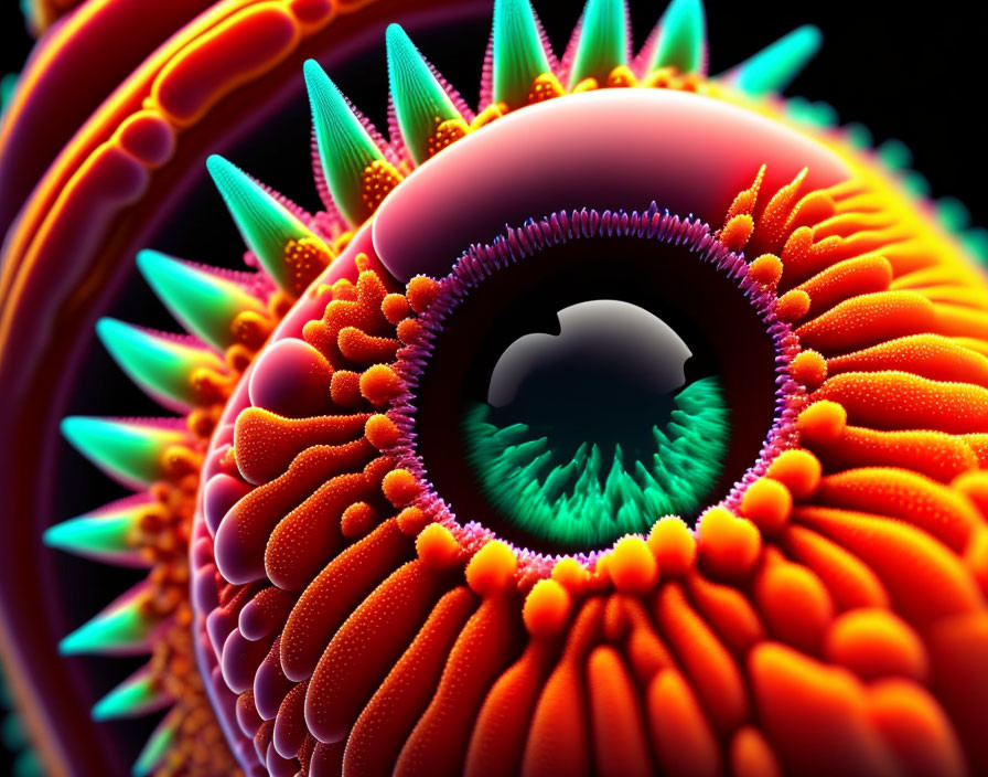 Colorful abstract fractal image of eye-like design with neon spikes and petal structures on black background