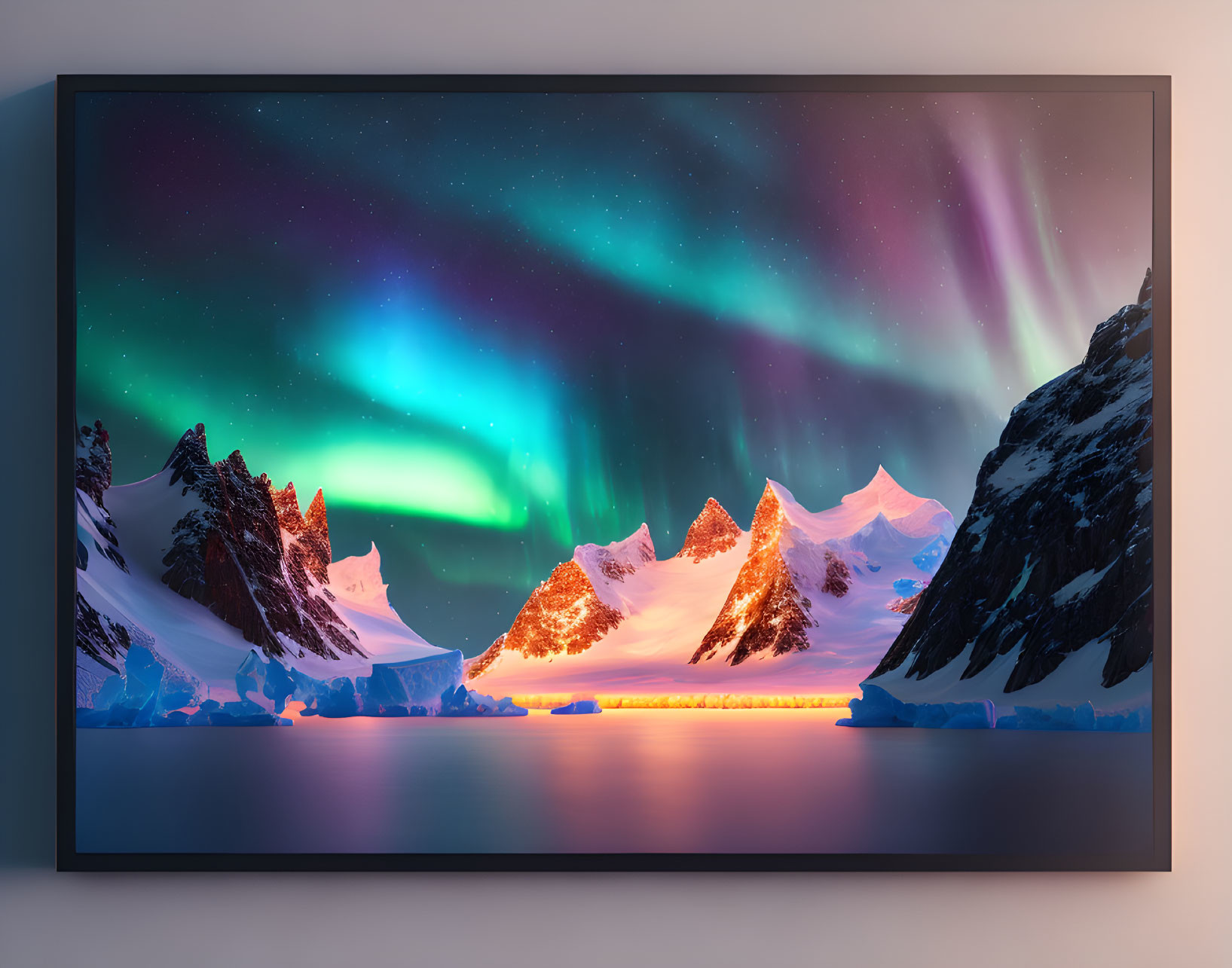 Snowy Mountain Landscape with Aurora Borealis Wall Art Display