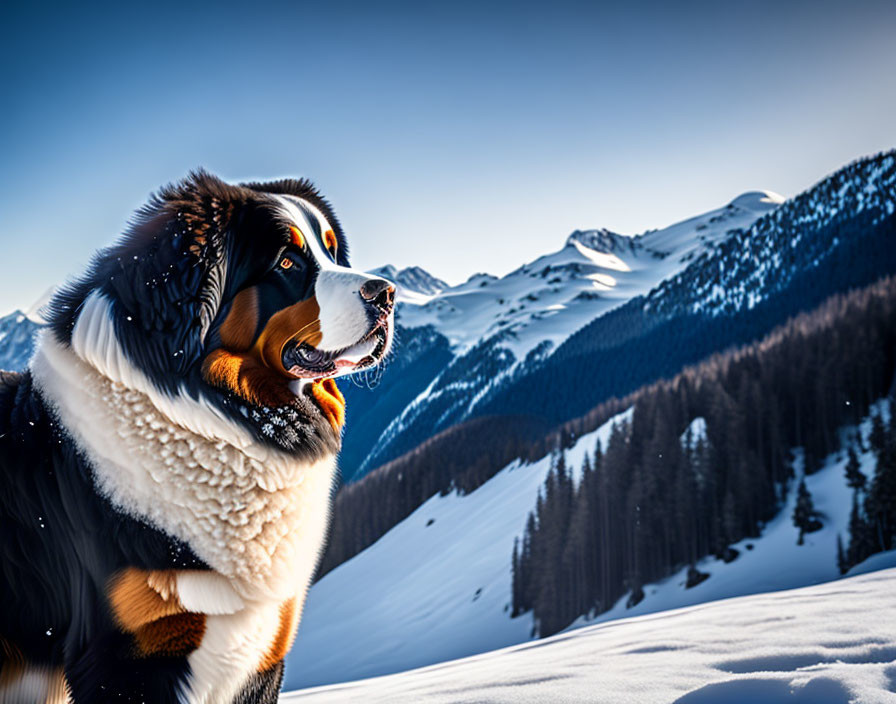 Bernese Mountain Dog in snowy mountain landscape