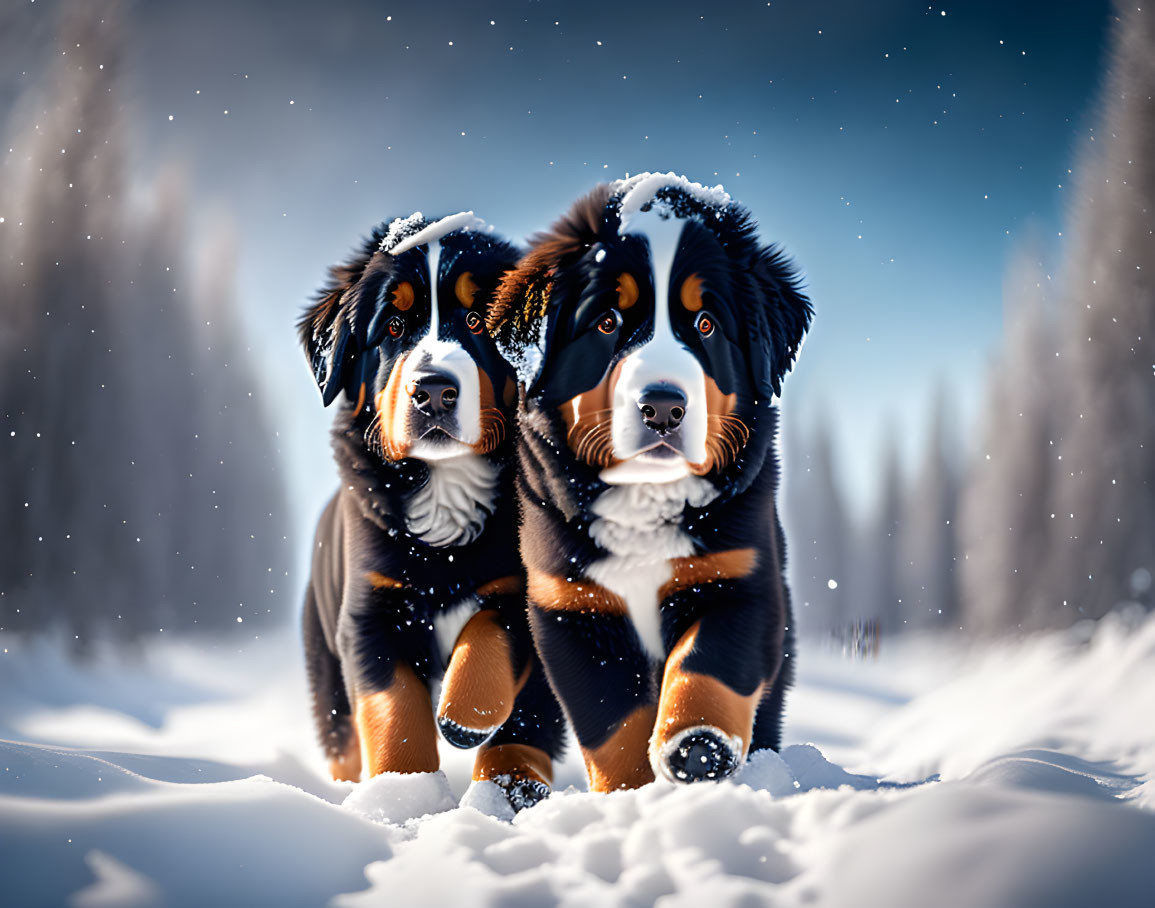 Two Bernese Mountain Dogs in snowy landscape with snowflakes.