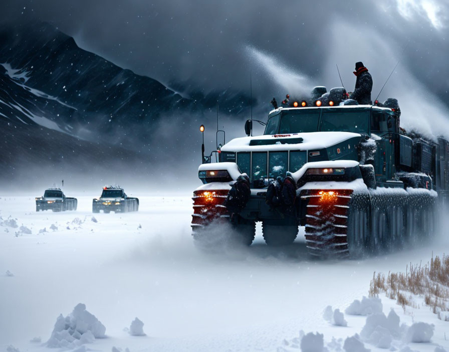 Snowplow convoy clears snowstorm on highway with person overseeing mountainous landscape