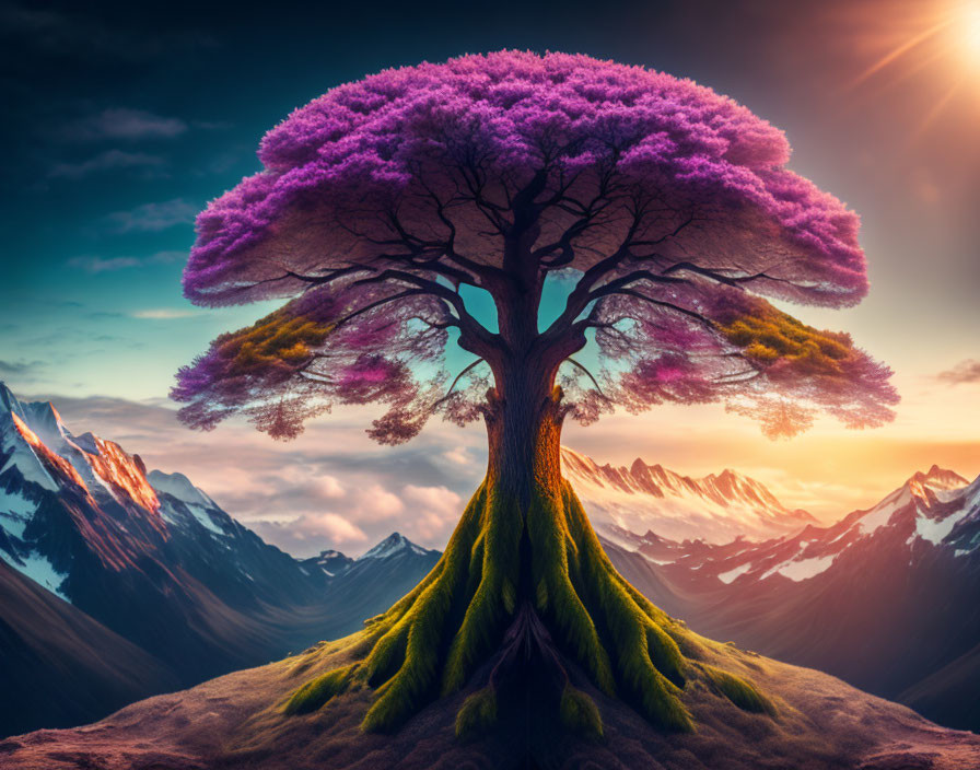 Purple foliage tree on hill with snow-capped mountains and sunset