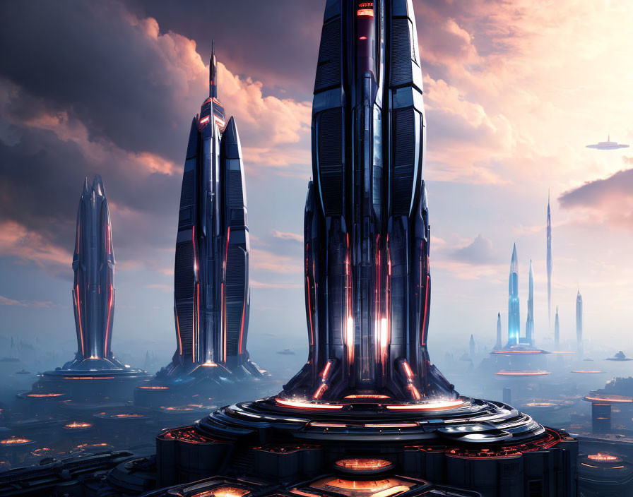 Futuristic cityscape with towering skyscrapers at dusk