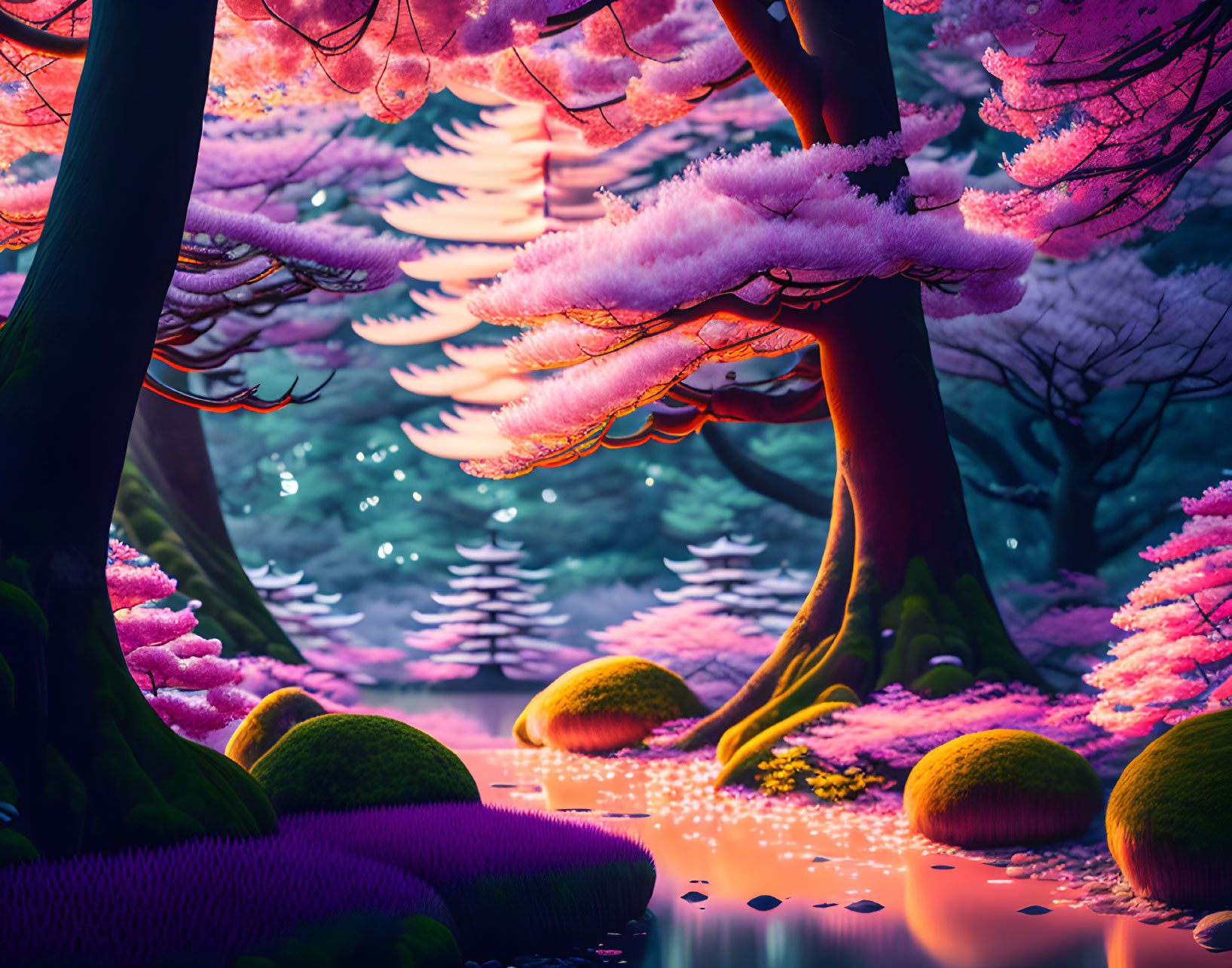 Mystical forest with pink foliage, glowing water, and moss-covered stones