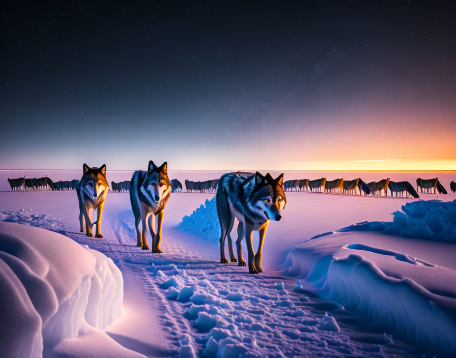 Three wolves in snowy twilight with vibrant sunset and starry sky