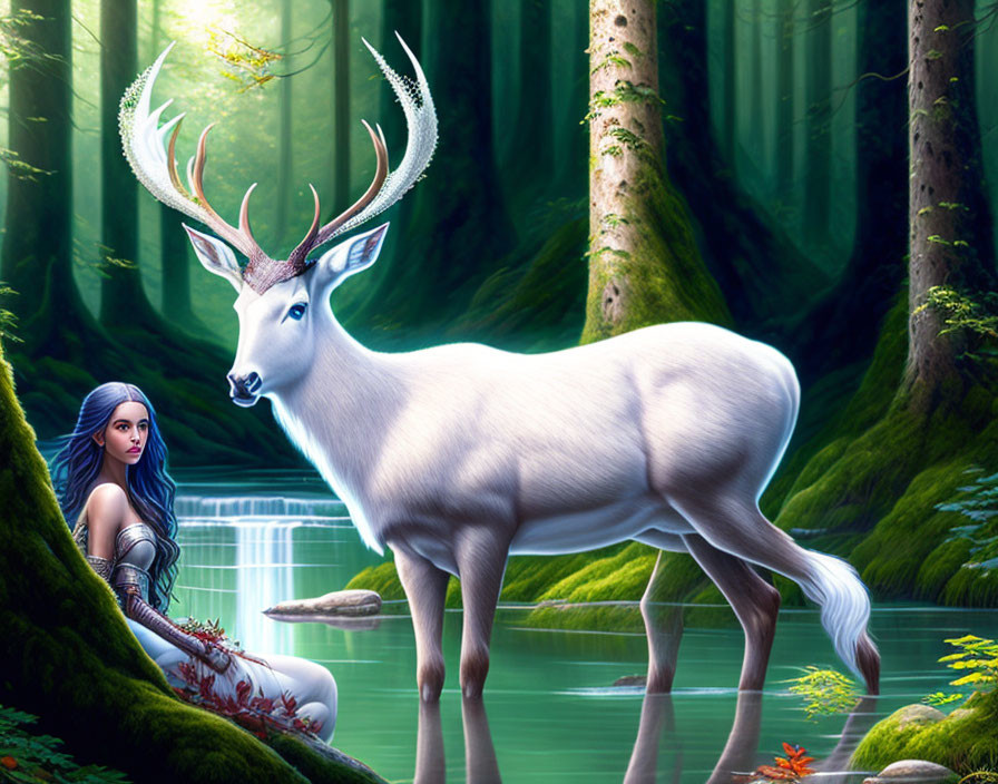 Woman by Forest Stream with White Deer and Elaborate Antlers