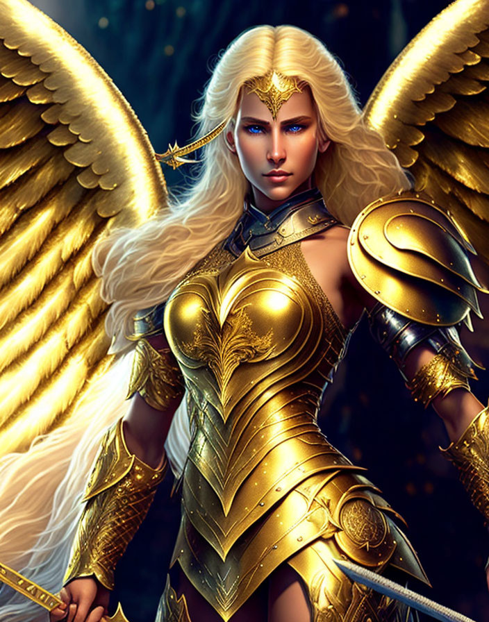 Golden-armored warrior with wings and sword in regal pose on dark background