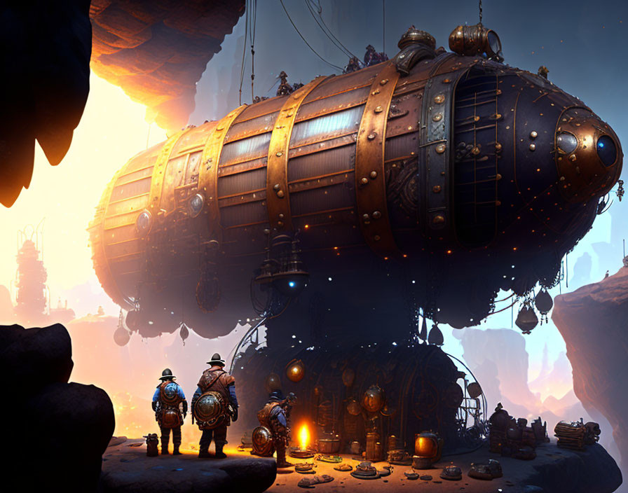 Steampunk airship docks at cliffside port with characters in heavy gear amid glowing lamps and rocky