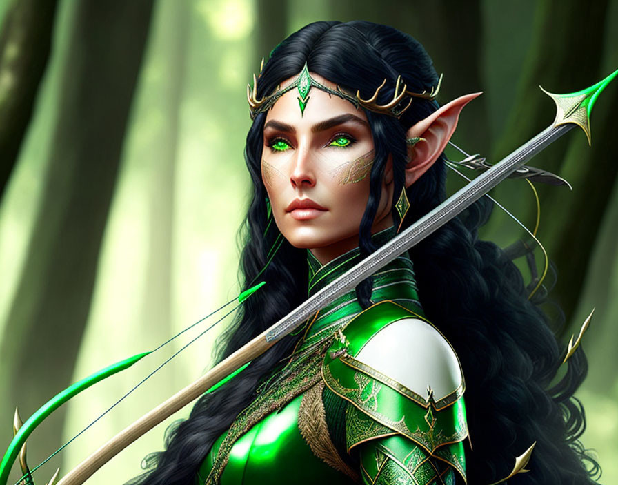 Elf in green armor with silver spear in lush forest