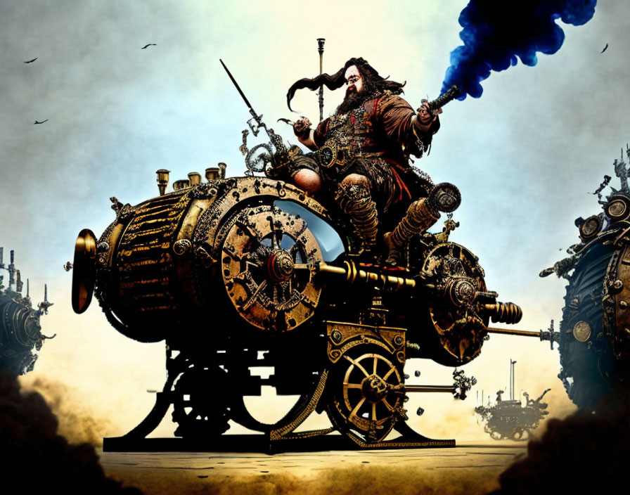 Steampunk pirate with hook hand and sword on cannon under dramatic sky