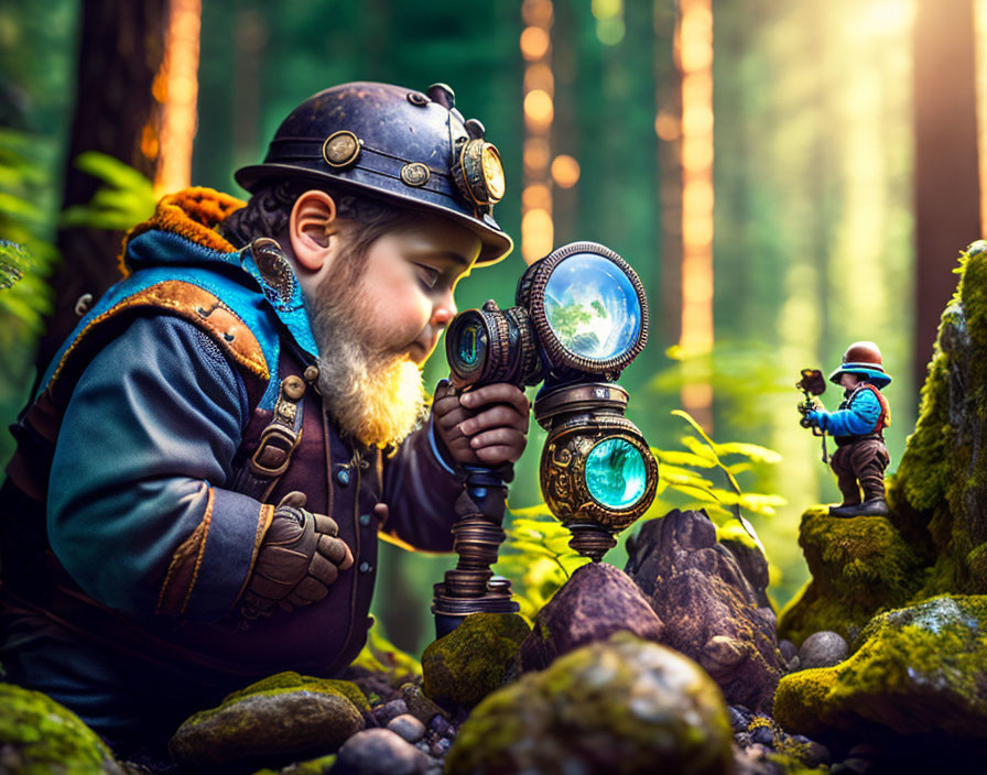 Child in explorer outfit looks through ornate telescope at miniature self in enchanted forest