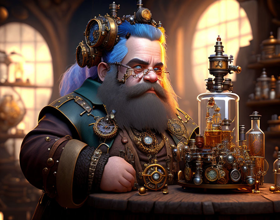 Steampunk-style animated inventor with blue beard and brass machine.