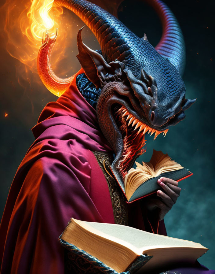 Dragon-headed Figure in Red Cloak Reading Book with Fiery Staff