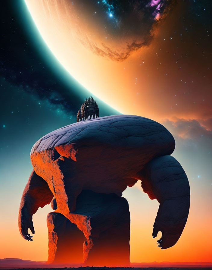 Giant rock creature carries temple under surreal planet at sunset