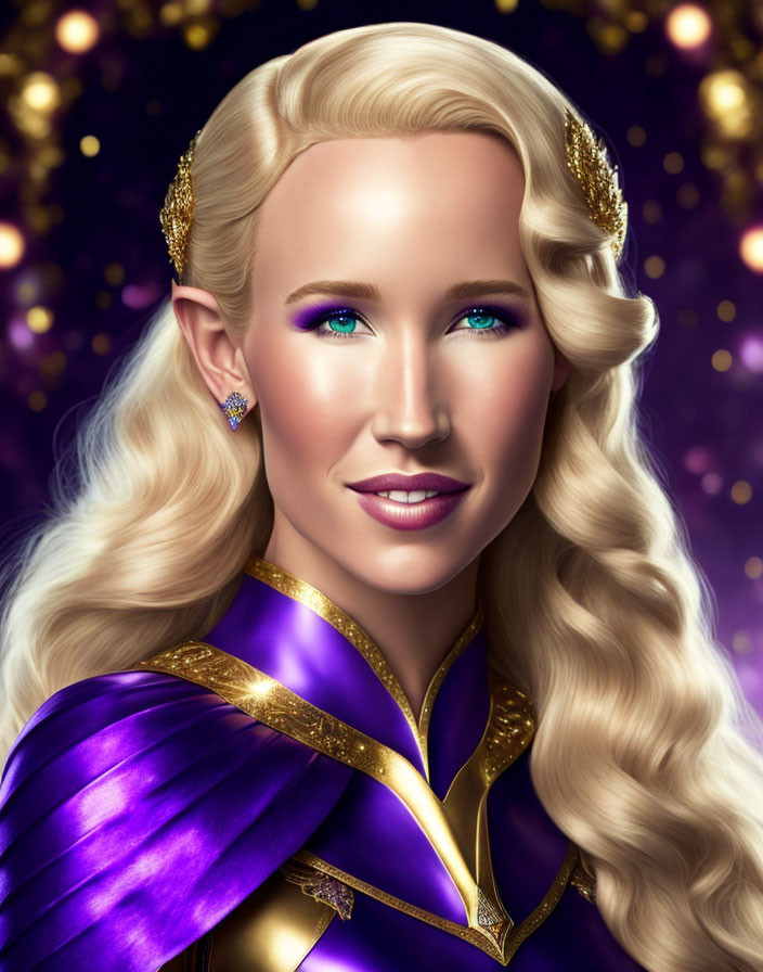 Blonde Woman Portrait with Gold Tiara and Purple Dress