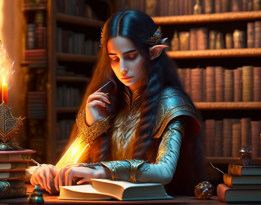 Elven character with crown writing in book surrounded by magical flame in library