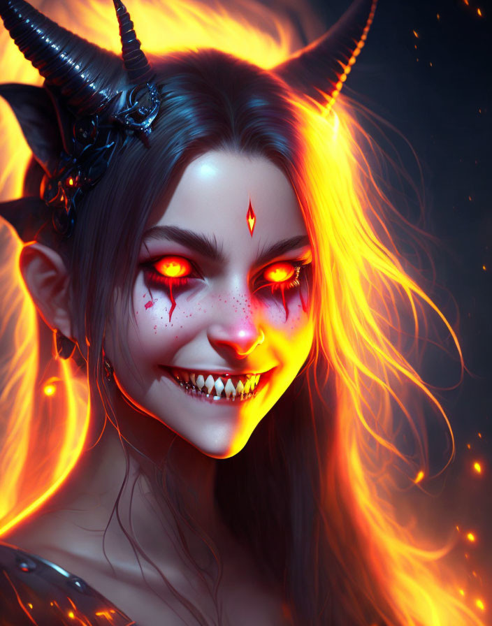 Fantasy creature with horns, sharp teeth, red eyes, and mischievous smile in fiery setting