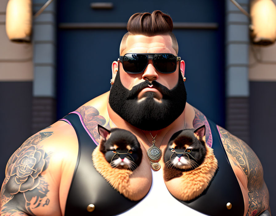 Muscular bearded character with tattoos and kittens against building backdrop