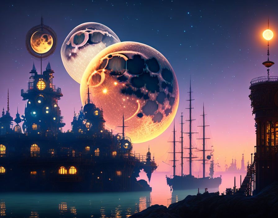 Fantasy seascape with grand castle, sailing ship, and celestial bodies