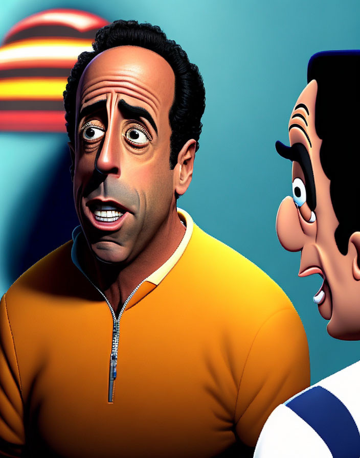 Animated characters with surprised and sly expressions facing each other