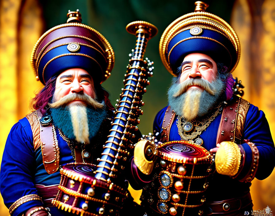 Colorful Fantasy Costumed Individuals with Drum-like Instruments on Golden Background