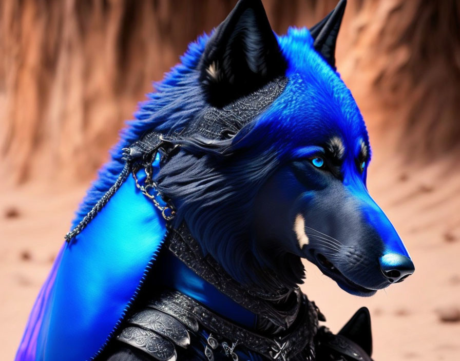 Blue and Black Wolf Digital Art with Chain Accessories and Armor on Blurred Brown Background